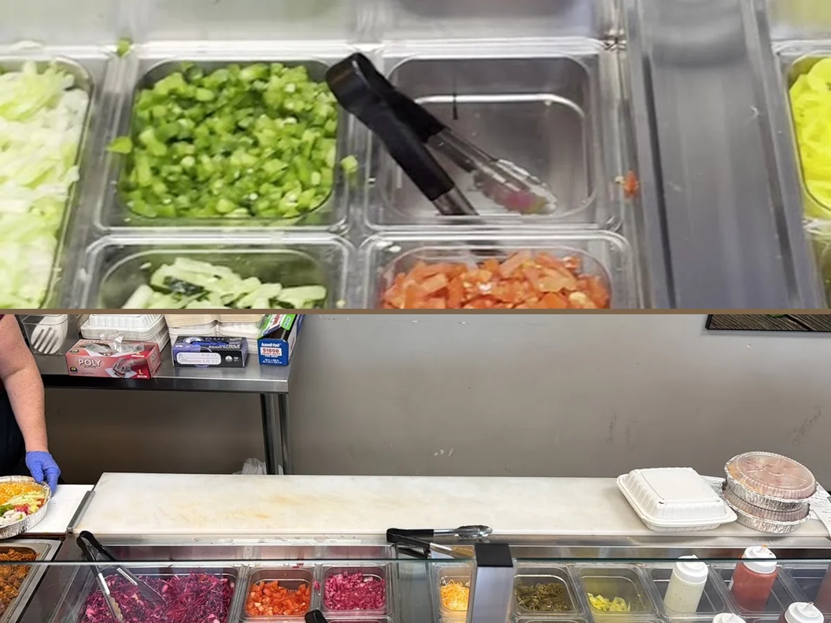 Halal cart counter with wrapped sandwiches and fries